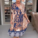 Rilana - V-Ausschnitt Und Lockeres Bedrucktes Midi Kleid – Blau