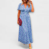 Elsie - Zeitloses V-Ausschnitt Kleid – Blau