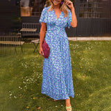 Klassisches V-Ausschnitt-Kleid für Damen – Vaenirae – Blau