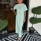 Sara-liv™ - Gestreiftes Maxikleid – Grün