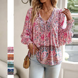 Katia - Modisches Bedrucktes Langarm Shirt Mit V-Ausschnitt – Rosa