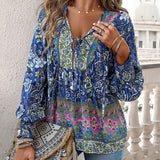 Katia - Modisches Bedrucktes Langarm Shirt Mit V-Ausschnitt – Blau