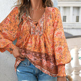 Katia - Modisches Bedrucktes Langarm Shirt Mit V-Ausschnitt – Orange