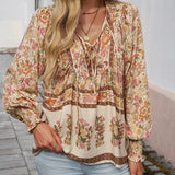 Katia - Modisches Bedrucktes Langarm Shirt Mit V-Ausschnitt – Beige