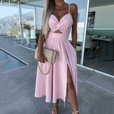 Damen Spaghettiträger Kleid mit hohem Schlitz – Rosa