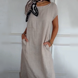 Erietta – Leinen Kleid Mit Rundhalsausschnitt Und Lockerer Passform – Khaki