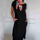 Erietta – Leinen Kleid Mit Rundhalsausschnitt Und Lockerer Passform – Schwarz