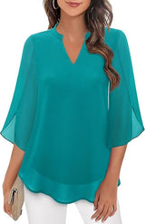 Styliani – Chiffon Bluse Mit V-Ausschnitt – Türkis