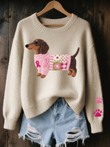 Naoni – Strickpullover mit Dackelmotiv aus Wollfilz – Beige