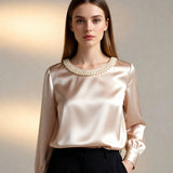 Quitterie – Satin Bluse Mit Perlenkragen – Apricot
