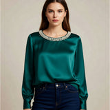 Quitterie – Satin Bluse Mit Perlenkragen – Grün