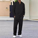 Vexar - Loungewear-Set aus Soft-Touch-Waffelstrick mit Quarter-Zip – Schwarz