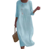 Molaka – Bequemes Besticktes Midikleid Aus Leinen – Blau