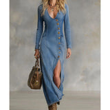 Rinae - Figurformendes Maxikleid mit langen Ärmeln und V-Ausschnitt – Blau