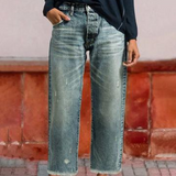 Retro kurze gerade Jeans für Frauen – Mittelblau