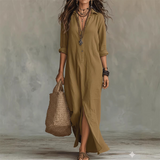 Nilza – Locker Sitzendes Maxi Kleid Mit Schlitz Vorne – Khaki