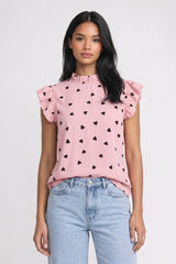 Bluse Damen - Herzprint | Rüschensäume – Herzprint Rosa