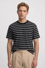 T-Shirt Herren - Gestreift | Lässiger Rundhals – Gestreift Schwarz