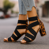 Tabitha | Damen Riemchensandalen mit Blockabsatz Leopardenmuster – Hellbraun