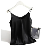 Damen Satin Top mit Spaghettiträgern und V-Ausschnitt – Schwarz
