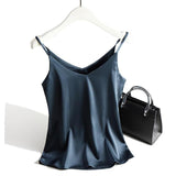 Damen Satin Top mit Spaghettiträgern und V-Ausschnitt – Marine