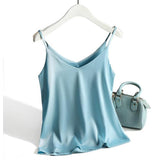Damen Satin Top mit Spaghettiträgern und V-Ausschnitt – Blau