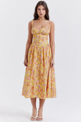 Damen-Midikleid aus Viskose mit Blumenmuster und V-Ausschnitt – Gelb