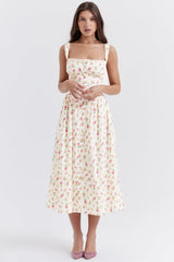 Damen-Midikleid aus Viskose mit Blumenmuster und V-Ausschnitt – Weiß