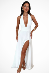 Thalassa | Damen Neckholder Maxikleid mit Schlitz – Weiß