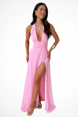 Thalassa | Damen Neckholder Maxikleid mit Schlitz – Rosa