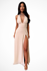 Thalassa | Damen Neckholder Maxikleid mit Schlitz – Beige