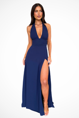 Thalassa | Damen Neckholder Maxikleid mit Schlitz – Marineblau