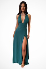 Thalassa | Damen Neckholder Maxikleid mit Schlitz – Dunkelgrün
