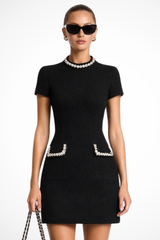 Thea | Damen Perlenbesatz Minikleid – Schwarz