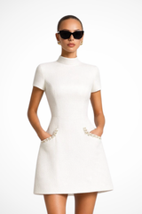 Thea | Damen Perlenbesatz Minikleid – Weiß