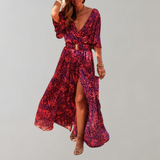 Theodoline | Damen Wickelkleid mit V-Ausschnitt Langarm – Rot