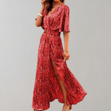 Theodoline | Damen Wickelkleid mit V-Ausschnitt Langarm – Rosa
