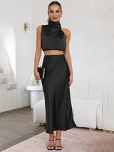 Tindra | Damen Neckholder Zweiteiler Crop Top Maxirock – Schwarz