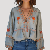 Tiziana | Damen Boho Bluse Bestickt V-Ausschnitt Langarm – Hellblau