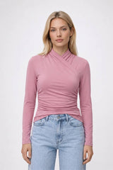 Top Damen - Geplisster Kragen | Enganliegend mit Langen Ärmeln – Rosa