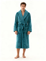 Unisex Bademantel lang mit Gürtel, Schalkragen und aufgesetzten Taschen – Blau