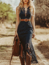 Valentina | Damen Spitzen Ärmellos Midikleid – Blau