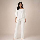 Valeria | Damen Asymmetrisches Oberteil Wide Leg Hosen Set – Weiß
