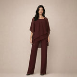 Valeria | Damen Asymmetrisches Oberteil Wide Leg Hosen Set – Bordeauxrot