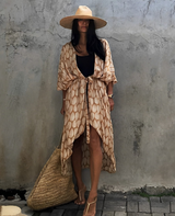 Resort Leinen Beach Kimono – Damen Leichter Strand‑Cover‑Up – Beige