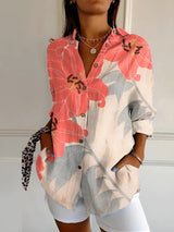 Gabriella | Kerbenausschnitt Mixed Print Bluse – Orange/Grau Blumenmuster
