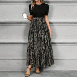 Aria | Damen Maxi-Kleid Puffärmel Blumendruck Bindegürtel – Farnmuster Schwarz