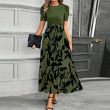 Aria | Damen Maxi-Kleid Puffärmel Blumendruck Bindegürtel – Olivenblatt Schwarz