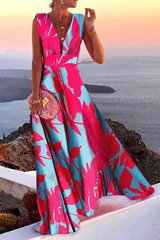Vashti | Damen Ärmelloses Maxikleid V-Ausschnitt Alloverdruck – Rosa