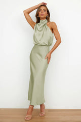 Aukje – Elegantes ärmelloses Maxikleid Aus Satin – Grün